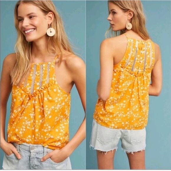 Anthropologie Boho Maeve Martell Yellow Tank Top Women’s L Floral Cotton Shirt - Picture 1 of 7